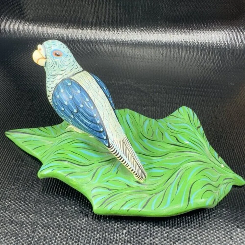 Hand Made Mexican Pottery Parrot Bird On Leaf Tree Sculpture Artist Signed‎ VTG